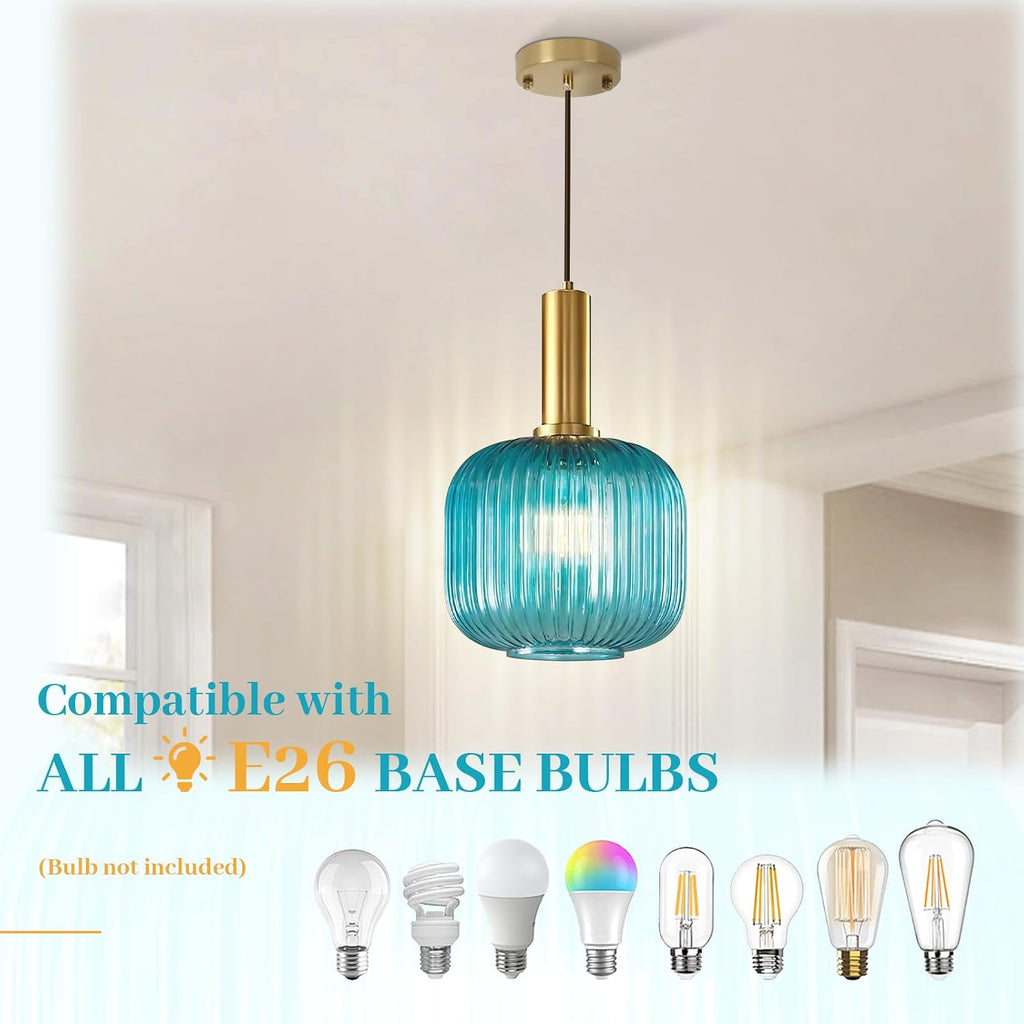 Modern Blue Pendant Light, Glass Hanging Light with Gold Finished, Mid Century Kitchen Lighting Fixture Ceiling Hanging, Coastal Pendant Lighting for Dining Room Kitchen Island
