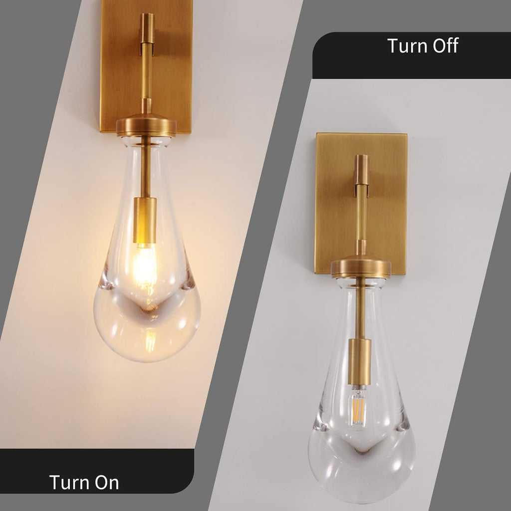 Raindrop Brass Wall Sconces Set of 2, Teardrop Glass Brushed Gold Dimmable Wall Lights with E12 Bulbs Included, Hardwired Bathroom Vanity Light for Bedroom, Living Room, Hallway, Stairway, Foyer, Home