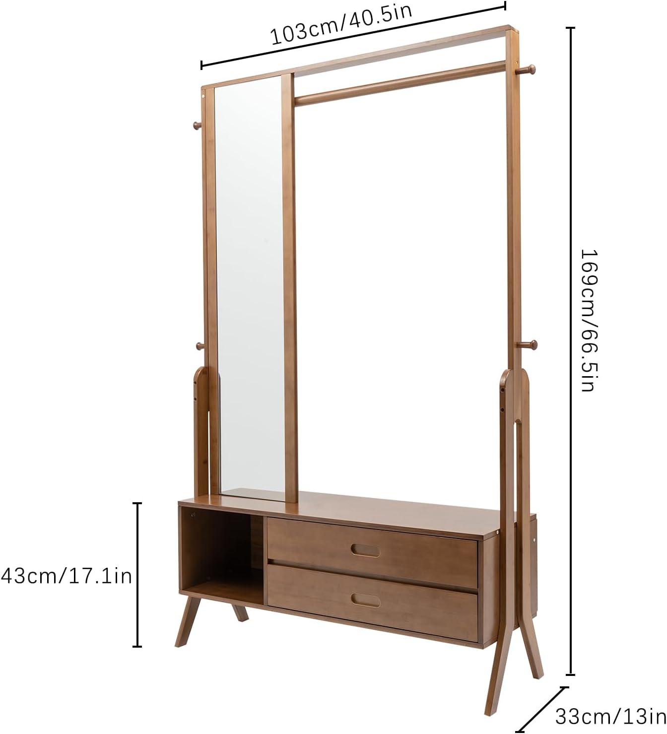 Xuthusman Bamboo Garment Rack With Full Length Mirror and Drawers, Hanging Clothes Portable Wardrobe Rack Freestanding Closet Organizer With Hanging Rod 4 Hooks for Bedroom Living Room