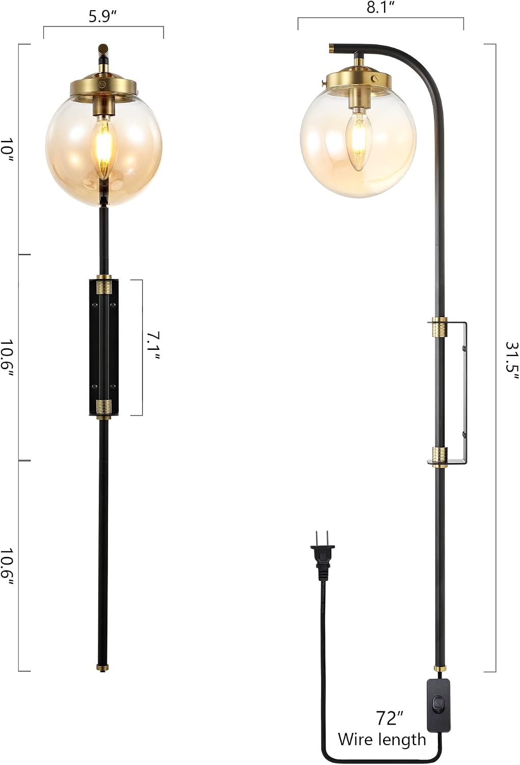 ELEHINSER Black Wall Sconces Set of 2 with Globe Shade, Modern Indoor Plug in Wall Lamps with Switch, Angle Adjustable Light for Bedroom Living Room Study Hallway Bedside