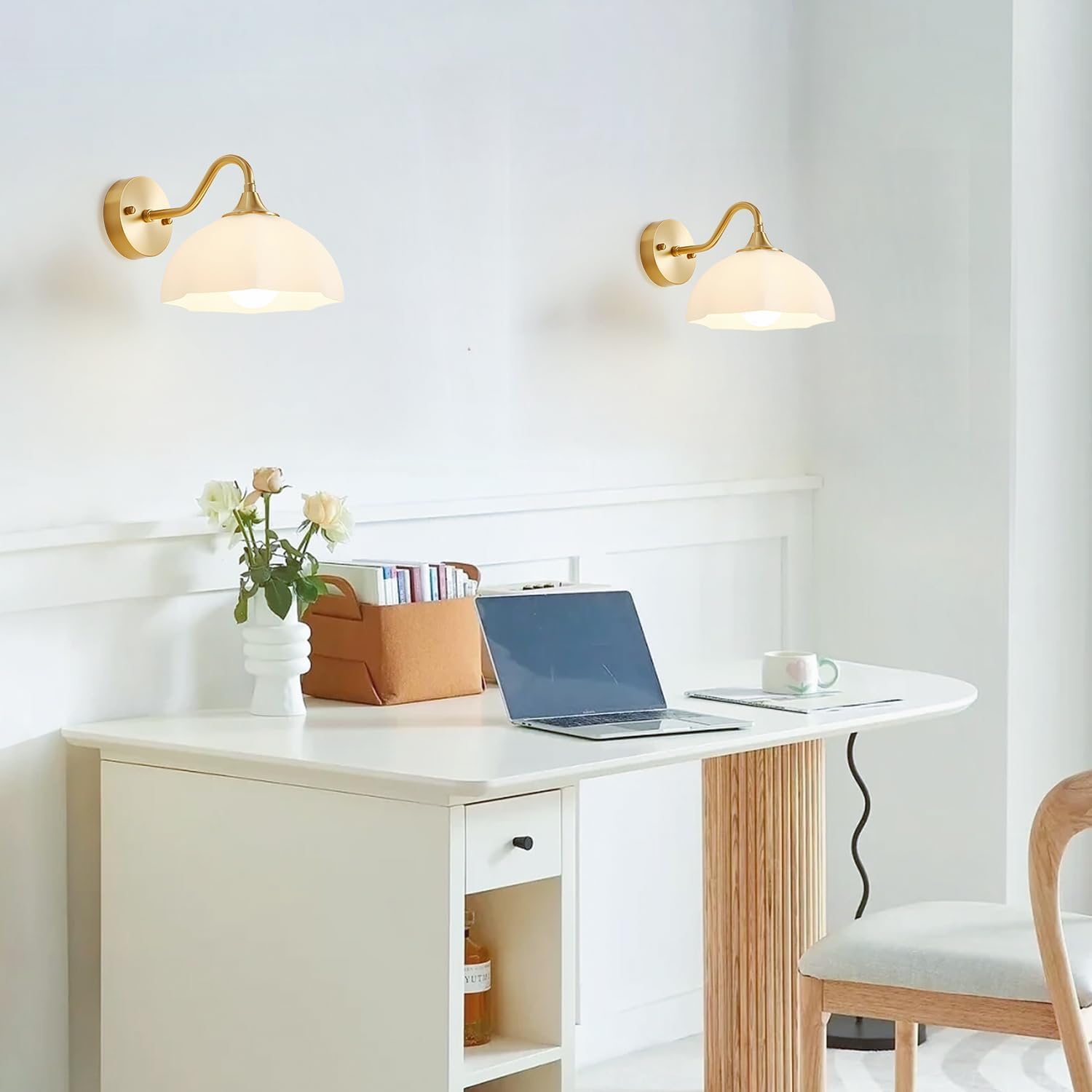 Gold Wall Sconce Set of 2 Mid Century Modern Wall Mount Light Hardwired Sconces Wall Lighting with Milky White Glass Shade Indoor Bedside Sconces Wall Lamp for Living Room Hallway MWL02-2A