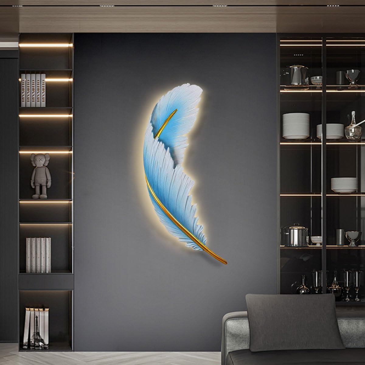 LED Wall Lamp Dimmable Wall Sconce Lights Fixtures Blue Feather Sconce Light 3000K-6000K Modern Feather Lamp Elegant Wall Mount Lamp Resin Deco Lighting for Bedroom Living Dining Room