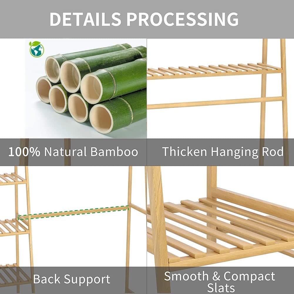 Free-Standing Closet Organizer Heavy Duty Clothes Storage Garment Rack Bamboo Clothing Rack with Shelves and Hanging Rod for Bedroom Capacity 300lb (Color : Wood, Size : 11040140cm)
