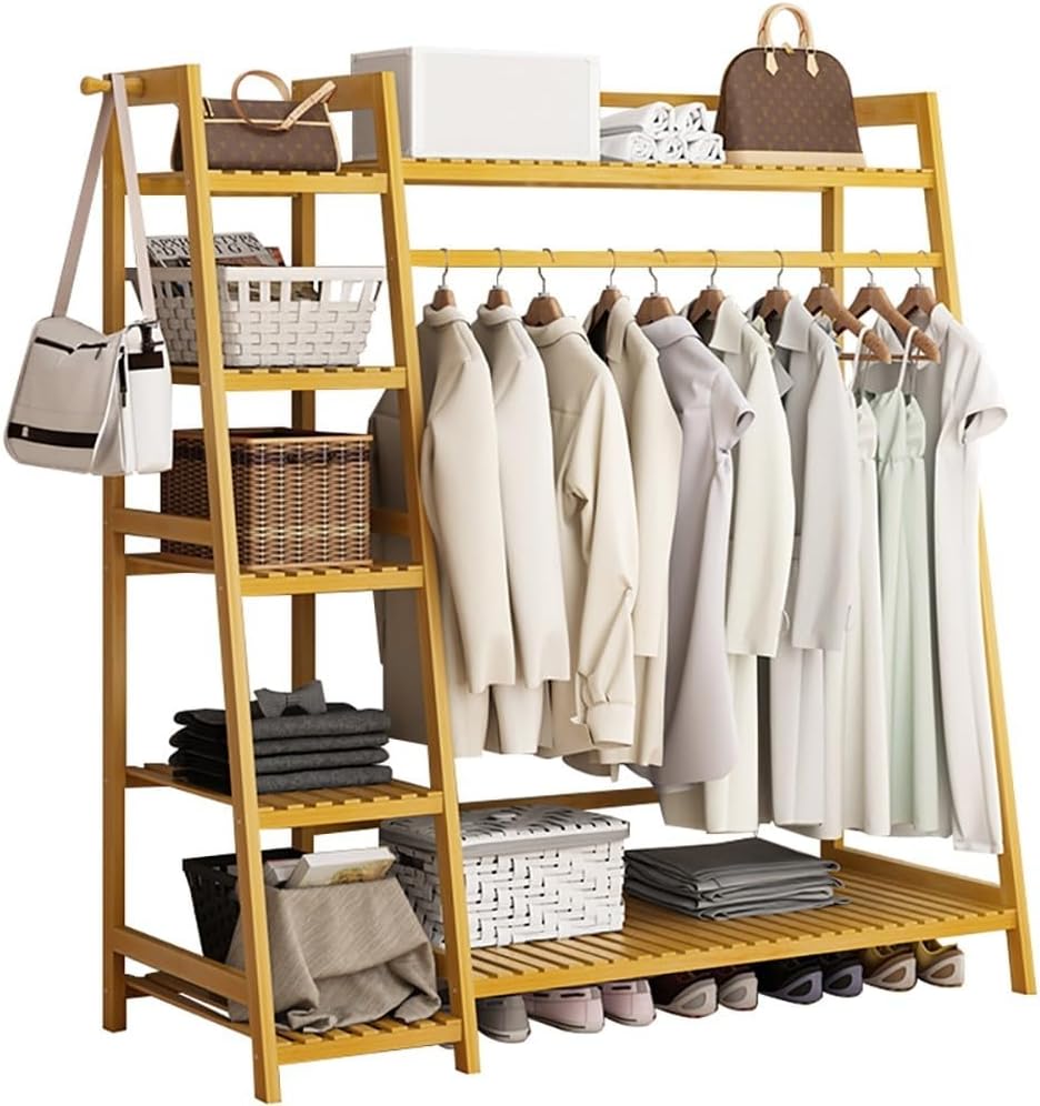 Bamboo Clothes Rail Stand - Freestanding Coat Garment Rack with Hanging Rod, Trapezoid Structure, Open Wardrobe Storage Organiser/A/50 * 40 * 140Cm,A,130 * 40 * 140Cm