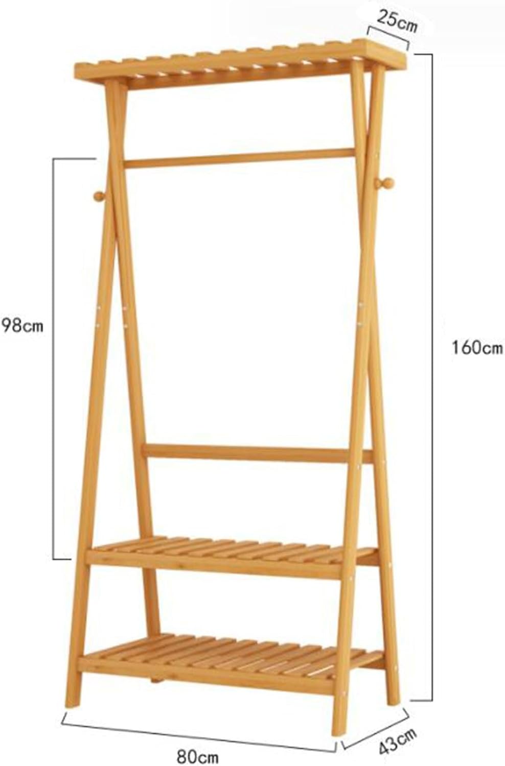 3 in 1 Bamboo Coat Rack Garment Rack,Stand Clothes Hanging with Shelves Storage Organiser Shoe Storage Shelves Garment Rack (Color : Wood color, Size : 80 * 43 * 160cm)