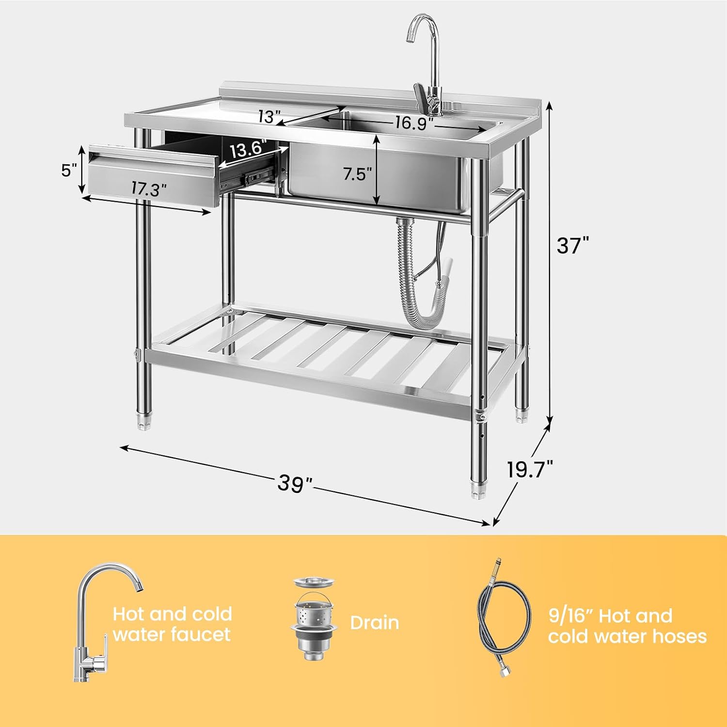 Stainless Steel Utility Sink, 39'' Free Standing Single Bowl Kitchen Sink with Left Drawer, Cold and Hot Water Pipe, Indoor and Outdoor for Laundry Room Farmhouse Kitchen(39 inch)