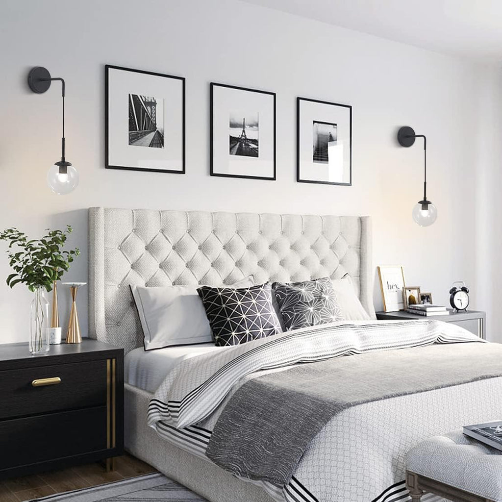 BOKT Mid Century Modern Black Wall Sconce Light Set of Two Clear Glass Globe Ball Wall Lighting Set of 2 Minimalist Adjustable Bedside Wall Lamp 1-Light Vanity Bathroom Wall Light Fixture (Clear)