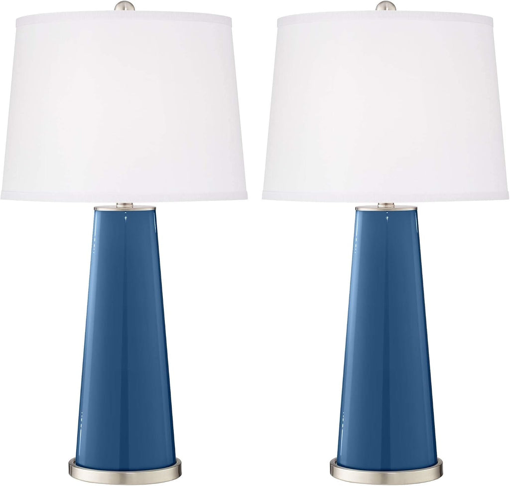 Color + Plus Leo Modern Table Lamps 29 1/2' Tall Set of 2 Regatta Blue Glass Tapered Column Plain White Drum Shade Decor for Bedroom Living Room House Home Bedside Nightstand Office Family