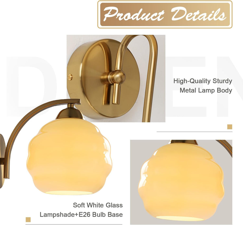 Vintage Brass Wall Sconces Set of Two Modern Brushed Gold Wall Light Fixtures Bathroom Vanity Sconce Lights with Yellow Glass Shade Wall Lamp for Living Room Bedroom Hallway MCL13GD-2 (2 Pack)