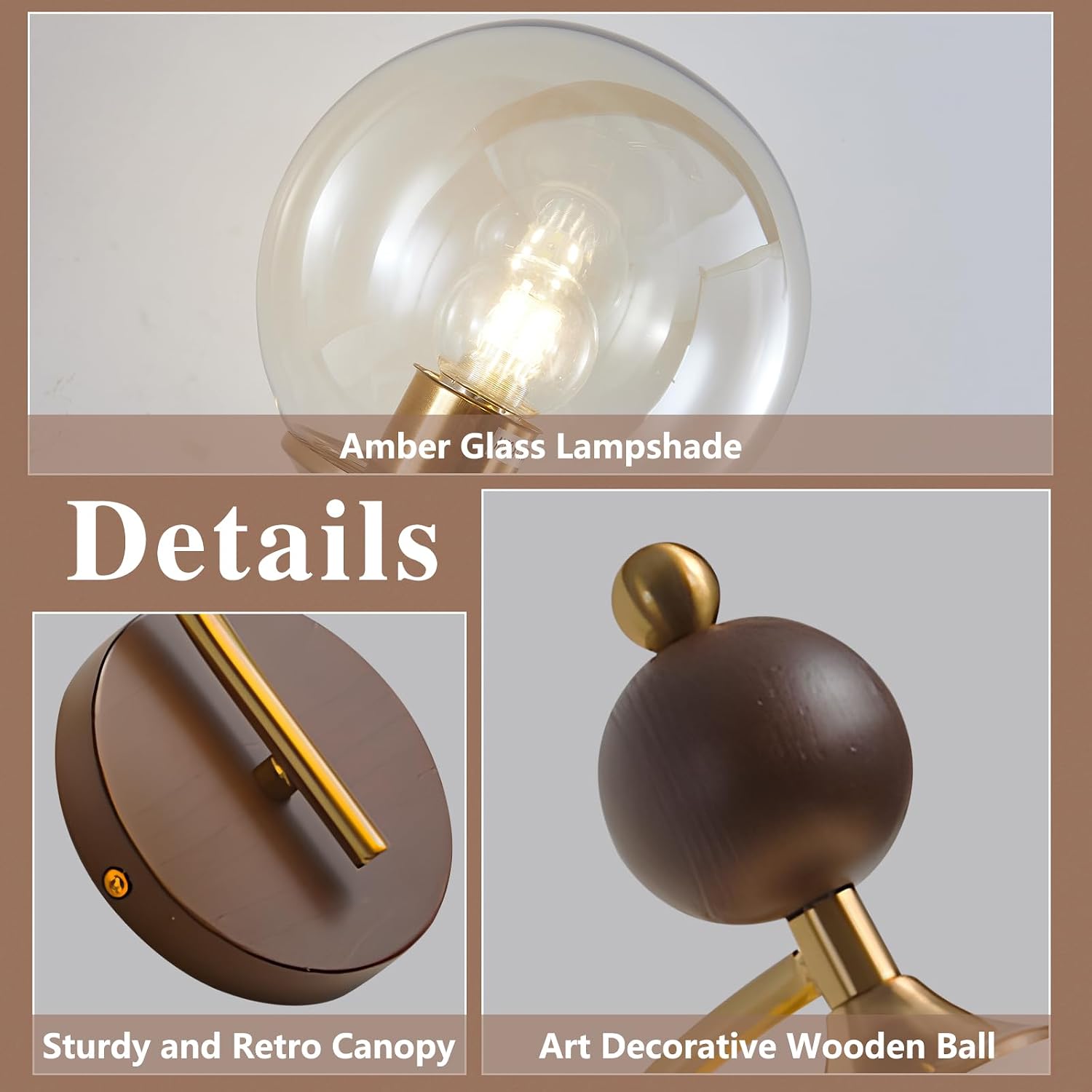 BOKT Brass Globe Gold Sconce Bedroom Wall Lamps Set of 2 Small Wall Lamp Modern Living Room Nordic Vanity Light Fixtures with Amber Glass 2-Light Bathroom Lighting Wall Sconces