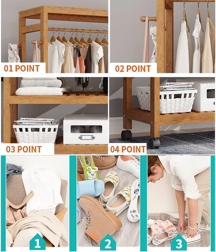 Coat Rack, Bamboo Garment Rack On Wheels Stand Heavy Duty Clothes Hanging Rack With 2 Tier Storage Shelves 4 Hooks For Clothes Shoes Hats Bags In Entryway Bedroom