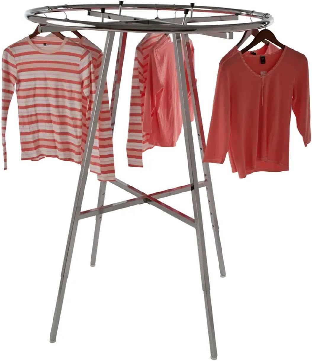 Econoco 42-Inch Folding Round Garment Rack, Adjustable 46–66″ Height Retail Display, Chrome Finish