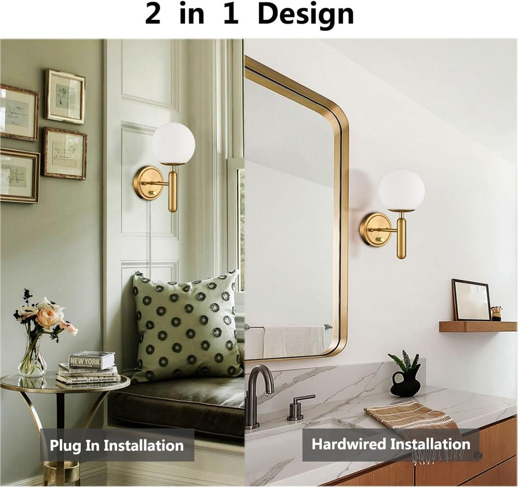 DIRYZON Modern Plug in Wall Light Dimmable Wall Sconces Set of 2 with Switch Brass Wall Sconce for Bedroom Bathroom,Opal Globe Glass