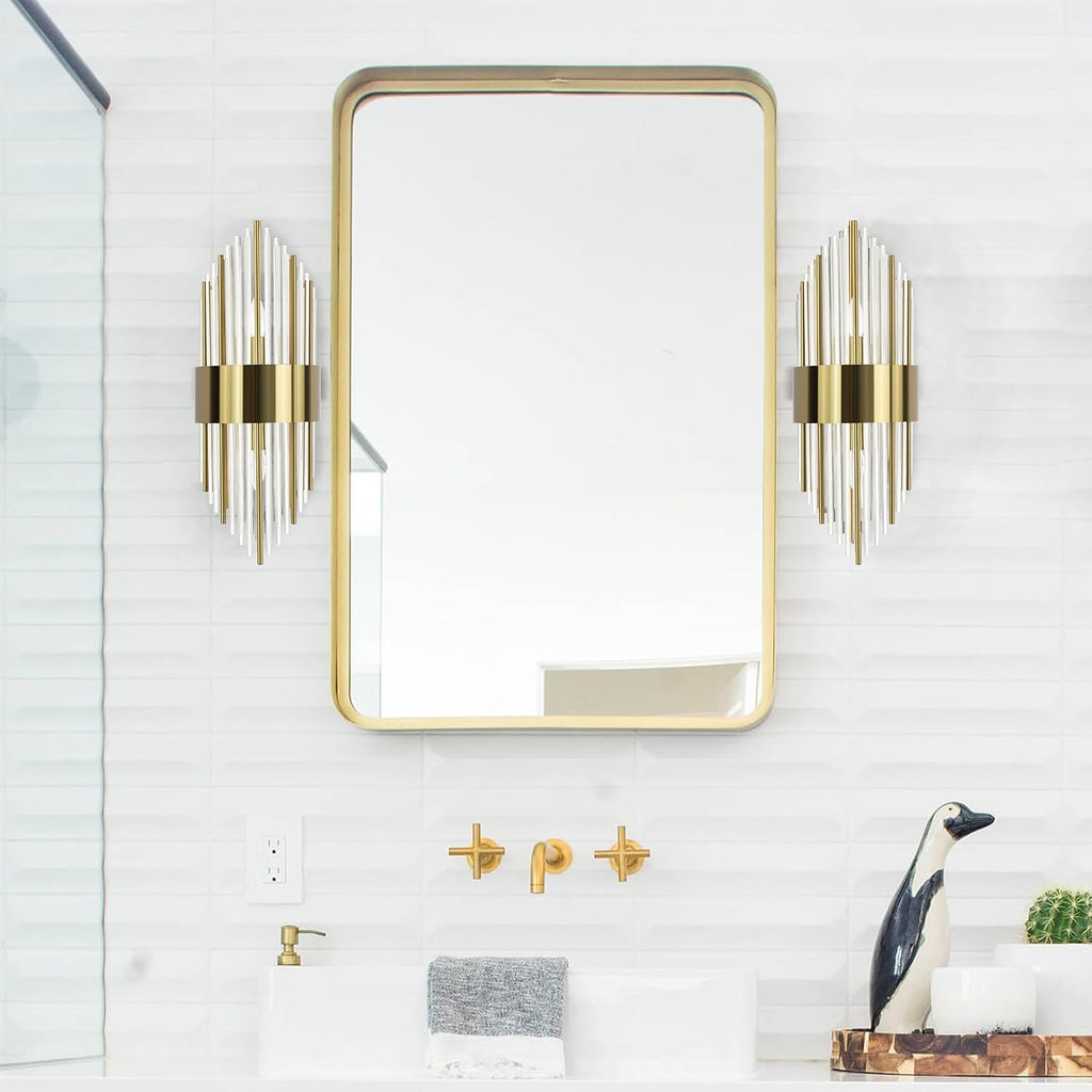 Modern Gold Wall Sconces Set of Two Crystal Sconces Wall Lighting 2-Light Brass Glass Wall Light Fixtures for Bedroom Living Room Bathroom Vanity Mirror Light Fixtures