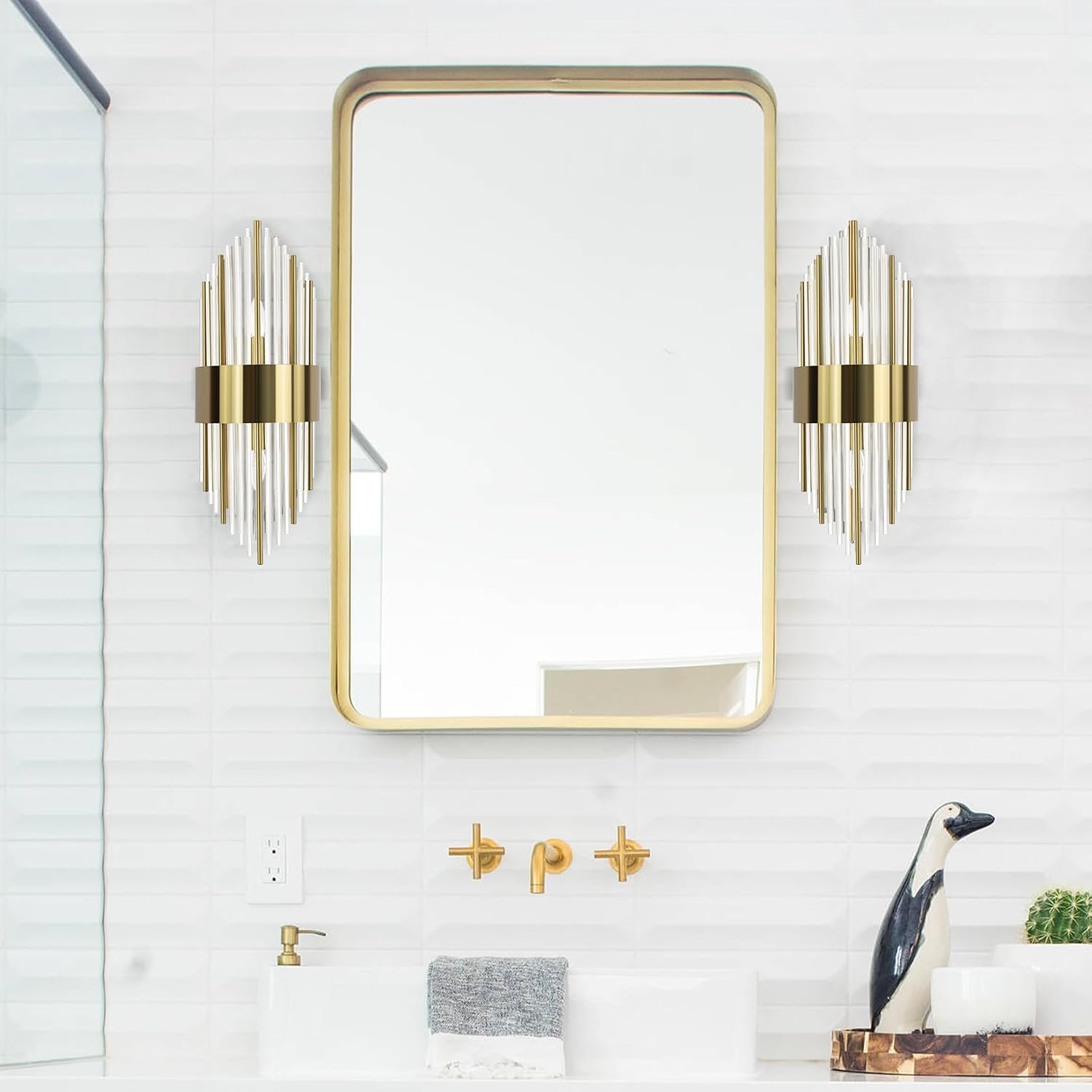 Modern Gold Wall Sconces Set of Two Crystal Sconces Wall Lighting 2-Light Brass Glass Wall Light Fixtures for Bedroom Living Room Bathroom Vanity Mirror Light Fixtures