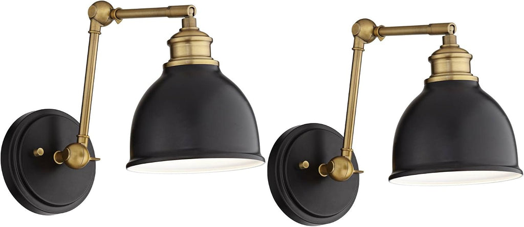 Barnes and Ivy Sania Modern Adjustable Swing Arm Wall Lamps Set of 2 Black Brass Hardwire Light Fixture Up and Down Metal Shade for Bedroom Bedside House Reading Living Room Home Dining