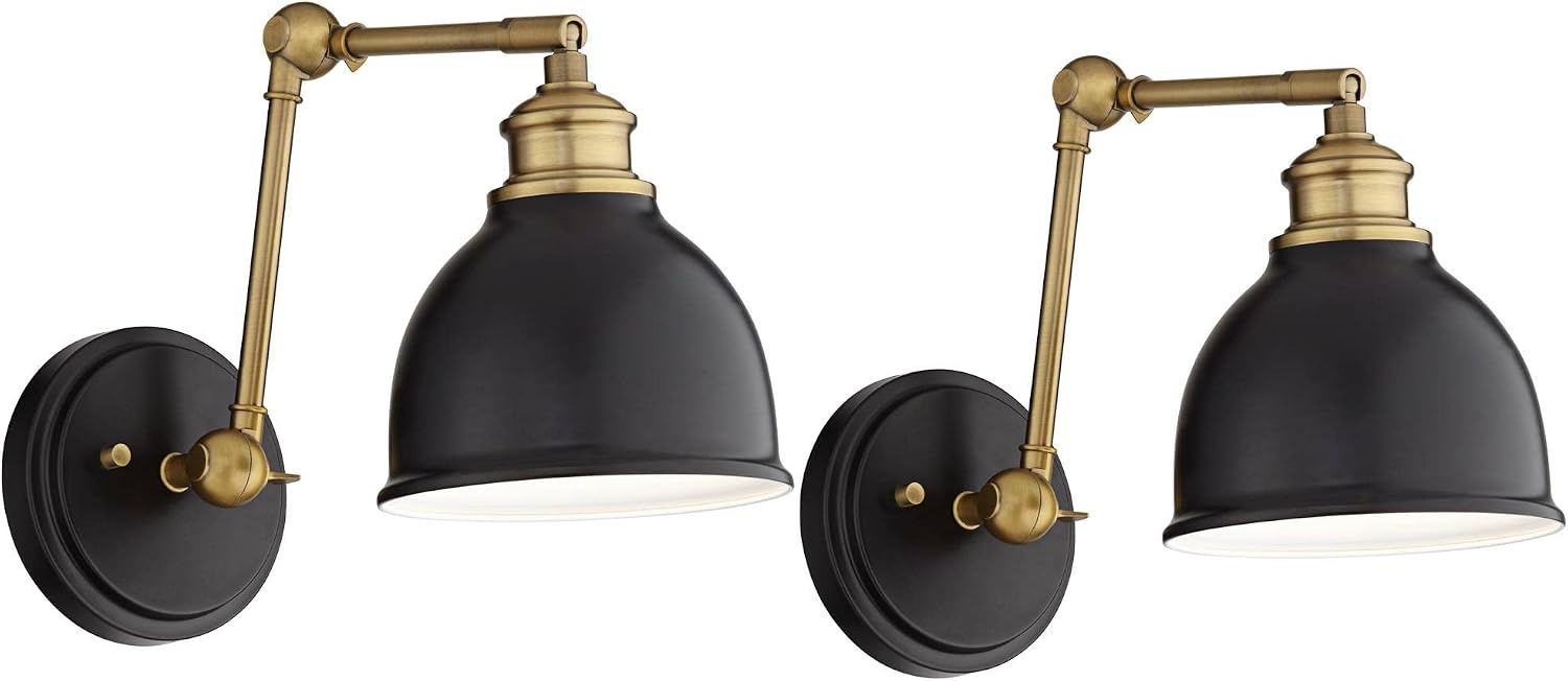 Barnes and Ivy Sania Modern Adjustable Swing Arm Wall Lamps Set of 2 Black Brass Hardwire Light Fixture Up and Down Metal Shade for Bedroom Bedside House Reading Living Room Home Dining