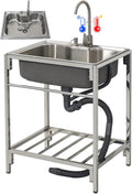 Kitchen Utility Sink,Freestanding Sink Stainless Steel Single Bowl Workbench with Hot and Cold Water Pipe Tap for Outdoor Indoor Room,Garage,Laundry 72cm