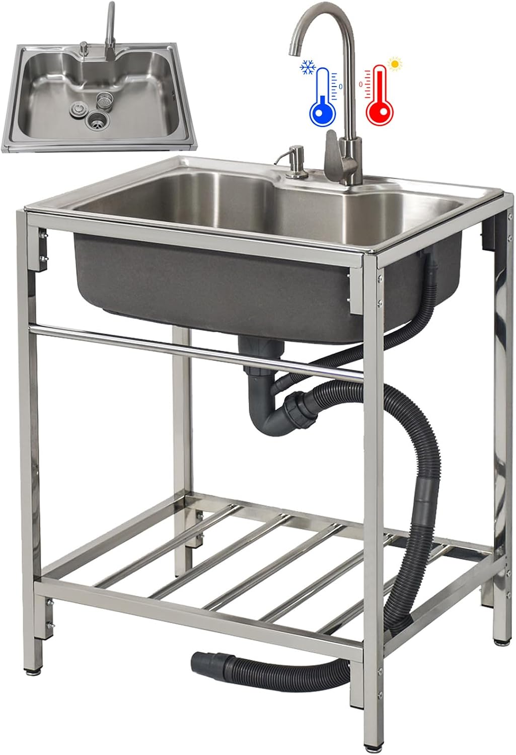 Kitchen Utility Sink,Freestanding Sink Stainless Steel Single Bowl Workbench with Hot and Cold Water Pipe Tap for Outdoor Indoor Room,Garage,Laundry 72cm