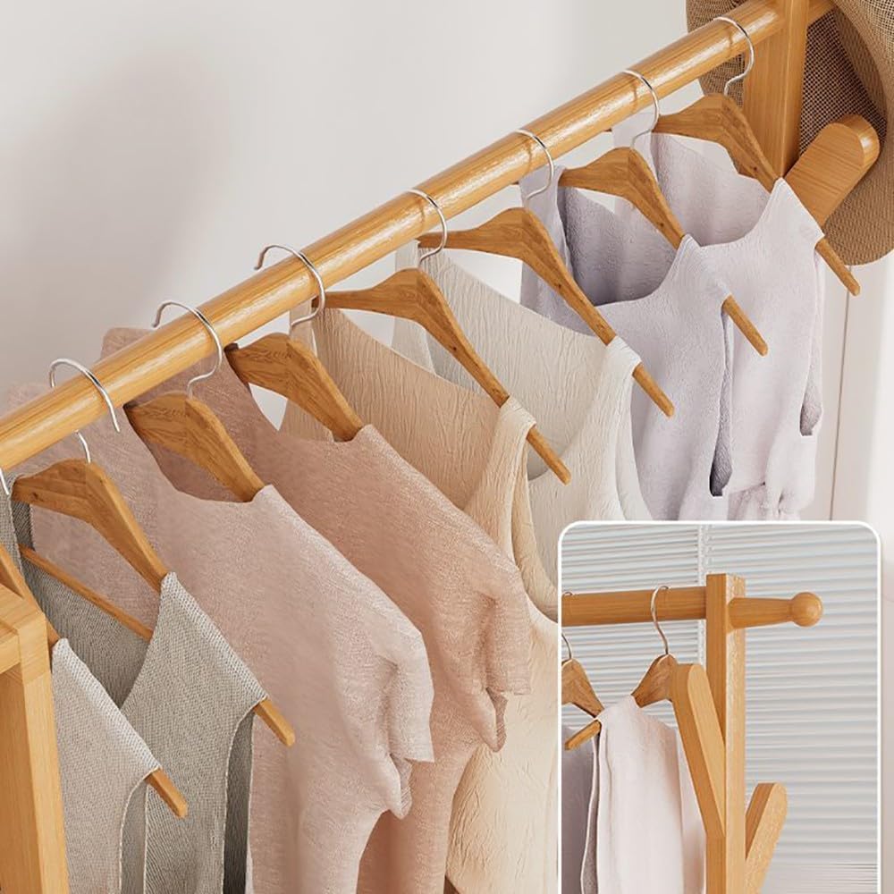 Bamboo Clothes Rack with Hanging Rod and Storage Shelves Free Standing Garment Rack for Bedroom and Hallway