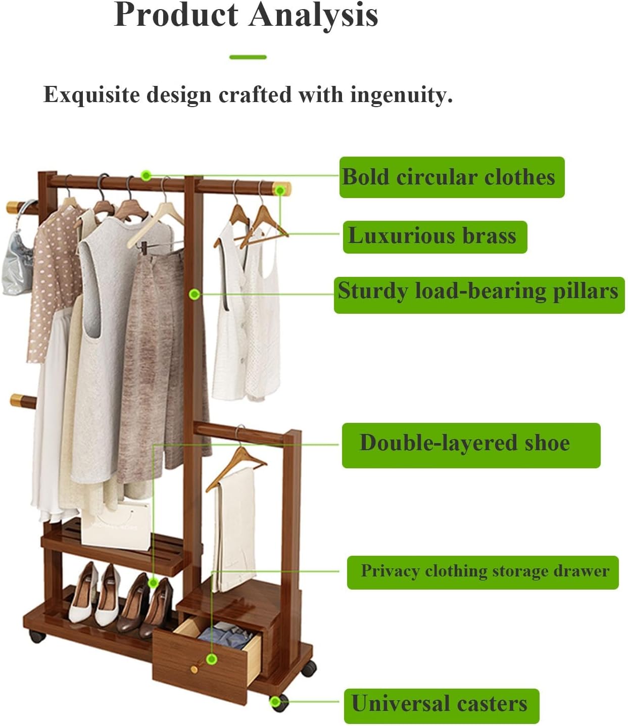 Clothes Organizer Stand On Wheels,entryway Coat Rack With Storage,Garment Racks For Hanging Clothes,bamboo Rolling Garment Rack,Multifunction Entry-way Coat Racks Stand For Bedroom Entryway(Color:Brow