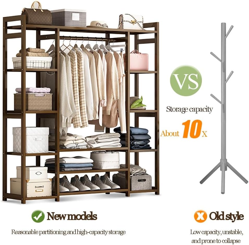 Floor-Standing Solid Wood Rotating Coat Rack，Freestanding Bamboo Clothes Rack with Hanging Rail, Storage Shelves & Compartments - Stylish Garment Hanger for Bedroom, Entryway & Closet Organi