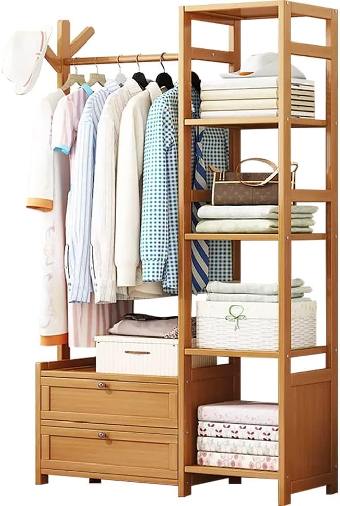 Bamboo Coat Rack with Shelves and Garment Rail Freestanding Clothing Rack for Bedroom Hallway Living Room Hanging Clothes nizer and Storage Shelf