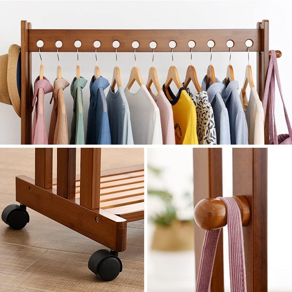 Coat Rack, Clothes Rack Bamboo Garment Rack Clothes Rail Heavy Duty Coat Racks Hanger with Top Rod and Wheels for Hanging Clothes Folding Clothes Shoes Decors