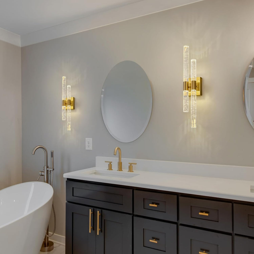 Crystal Wall Sconces Set of Two LED Bathroom Vanity Light Fixtures Gold 21.25in 4000K Vertical and Horizontal Wall Mounted Sconces for Bedroom, Living Room, Hallway