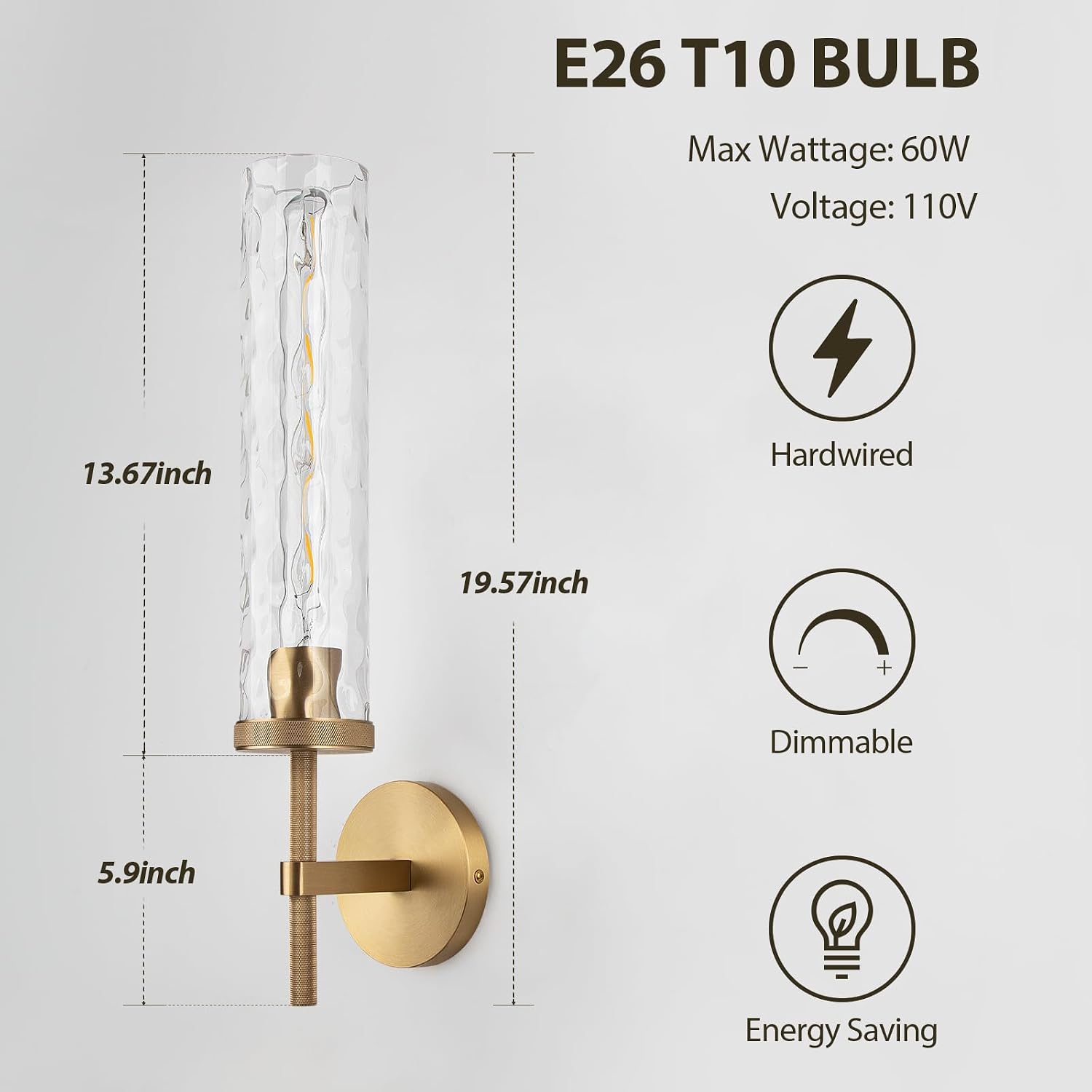 19.5' Knurled Brass Wall Sconce with Water Ripples Glass Tube, Gold Bathroom Vanity Light Fixtures, Modern Lamp Lighting for Bedroom, Living Room, Hallway, Staircase, Mirror, Kitchen