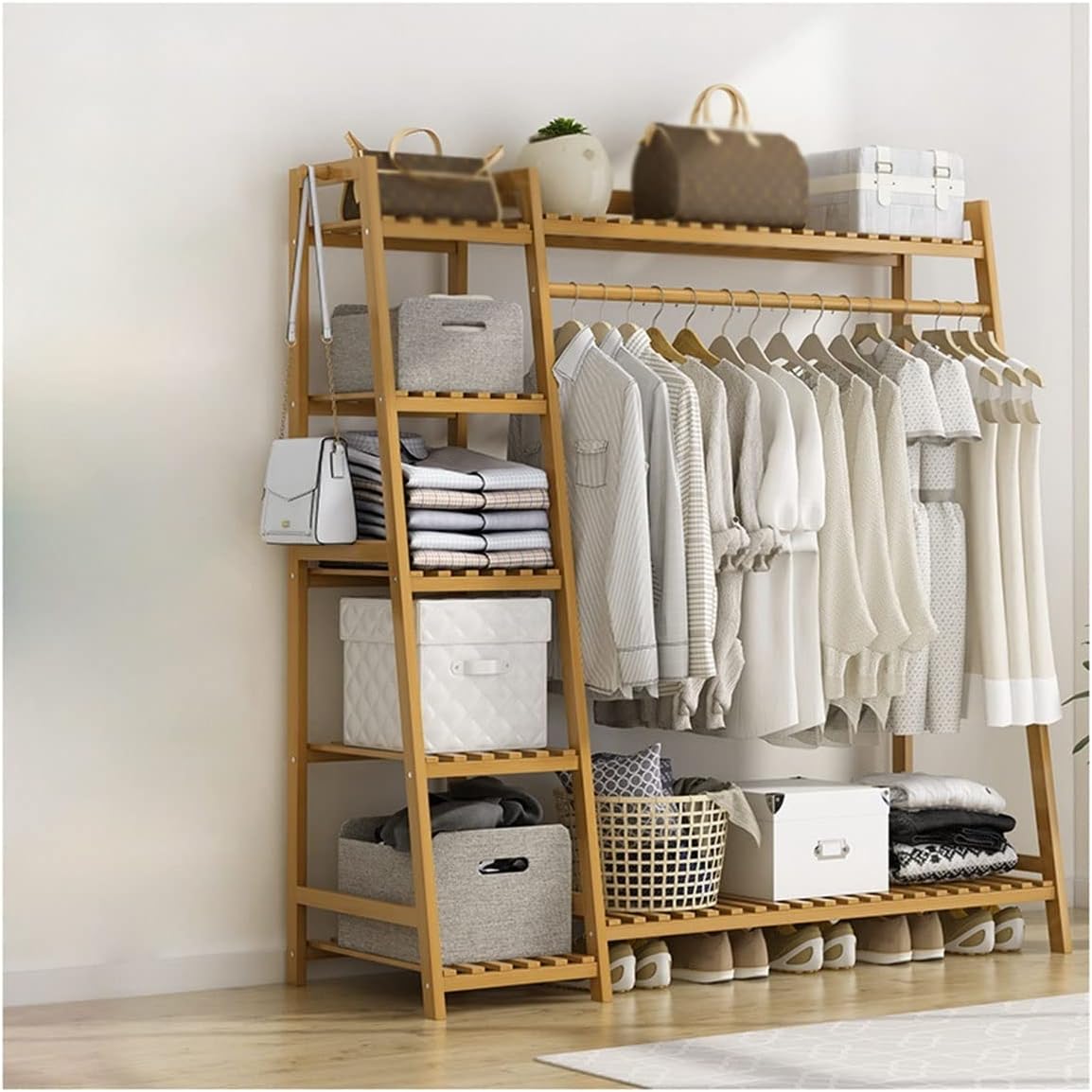 Heavy Duty Clothes Hanging Rack, Bamboo Garment Rack, 7-Tier Storage Shelves, Bedroom Wardrobe Closet Organizer
