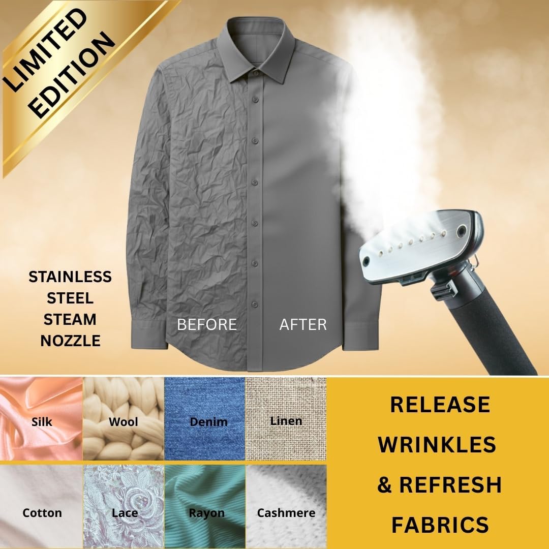SALAV Professional Garment Steamer 1500W with Foot Pedal Control | 45s Fast Heat Up, 1.8L Tank, Up to 1 Hour Continuous Steam, Stainless Steel Nozzle & Wheels – Gold