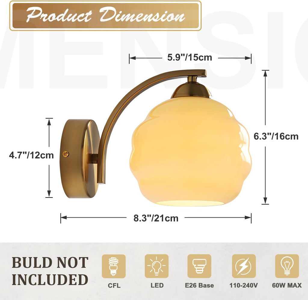Vintage Brass Wall Sconces Set of Two Modern Brushed Gold Wall Light Fixtures Bathroom Vanity Sconce Lights with Yellow Glass Shade Wall Lamp for Living Room Bedroom Hallway MCL13GD-2 (2 Pack)