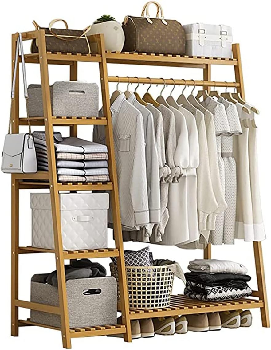 Heavy Duty Clothes Hanging Rack, Bamboo Garment Rack, 7-Tier Storashelves, Bedroom Wardrobe Closet Organizer/110 * 40 * 140Cm