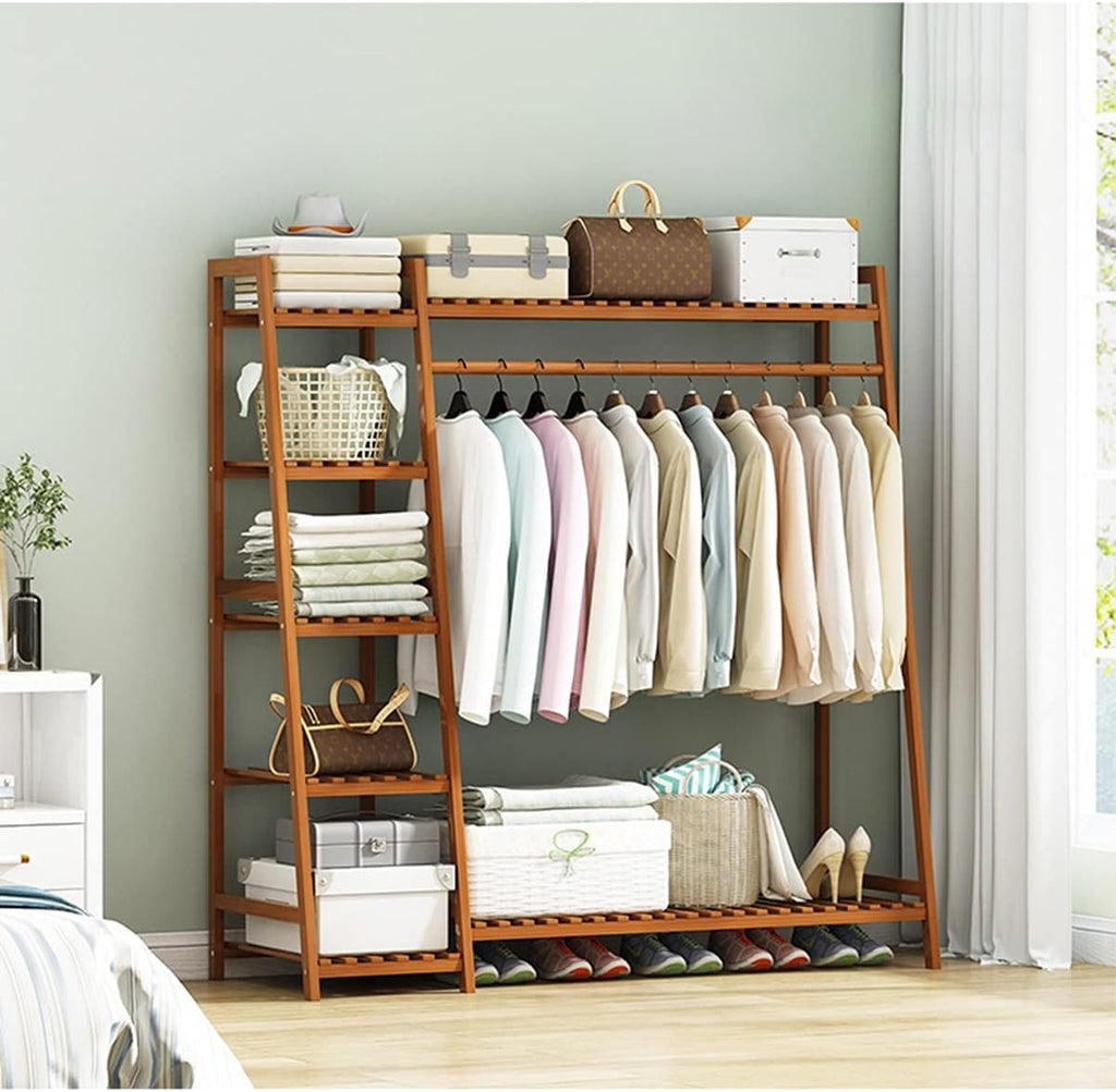 Coat Rack, Strong Bamboo Clothing Garment Rack With 7 Tier Shelves Solid Wood Hanging Clothes Rack Free-Standing Multifunctional Clothing Rack Ladder Design, 80*40*140cm