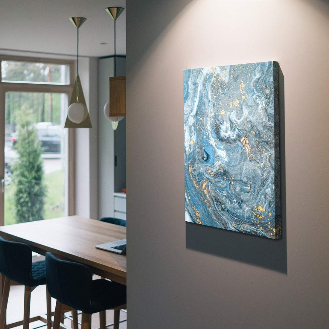 Denzoer Blue Grey Texture and Gold Abstract Wall Art Modern Canvas Prints with Solid Wood Frame Wall Pictures for Home Decoration, Ready to Hang - 36x46 inches