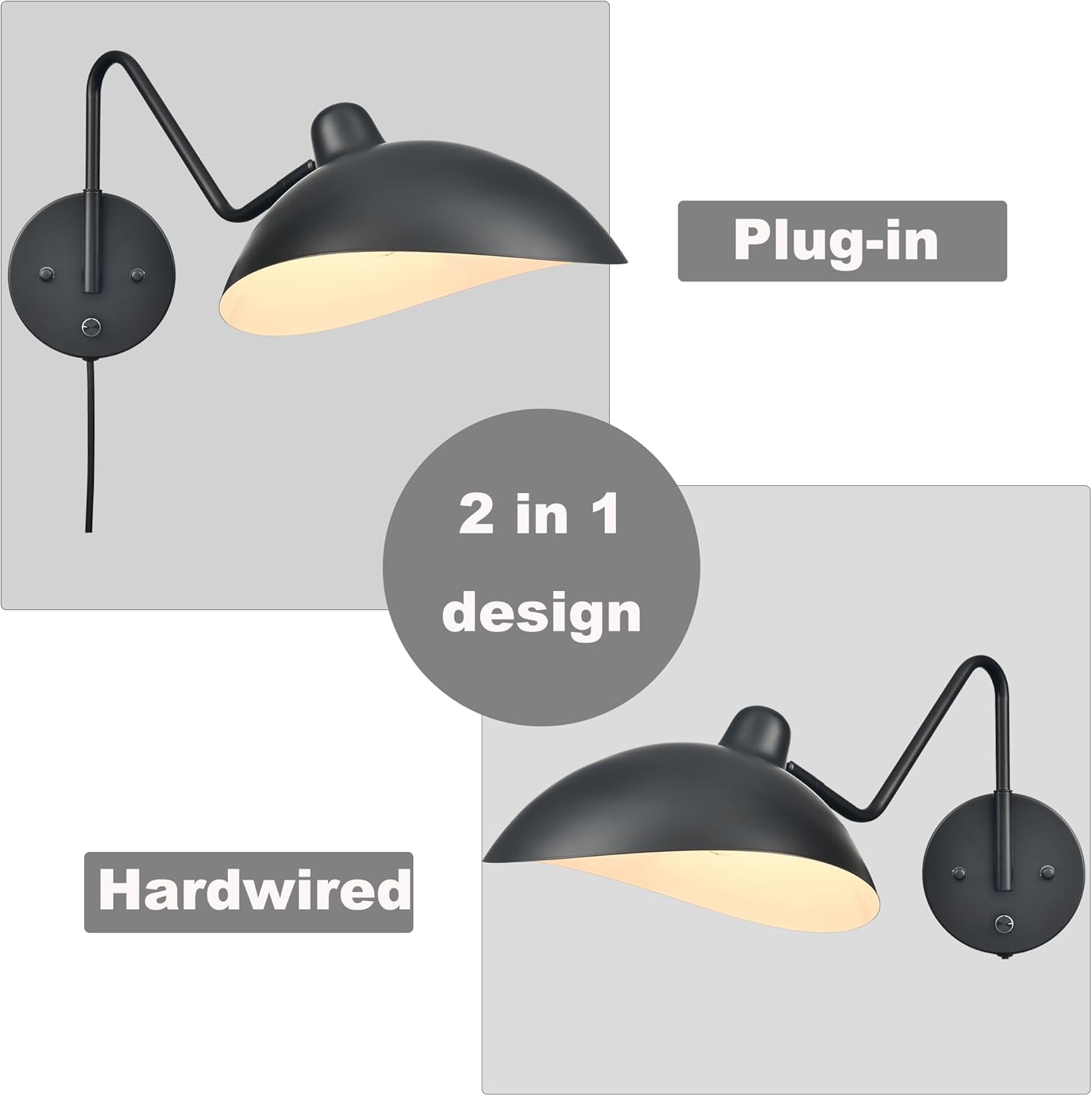 Plug in Wall Light Black Plug in Wall Sconces Set of 2 Swing Arm Wall Lamp Bedsides Hardwired On/Off Switch for Bedroom Living Room