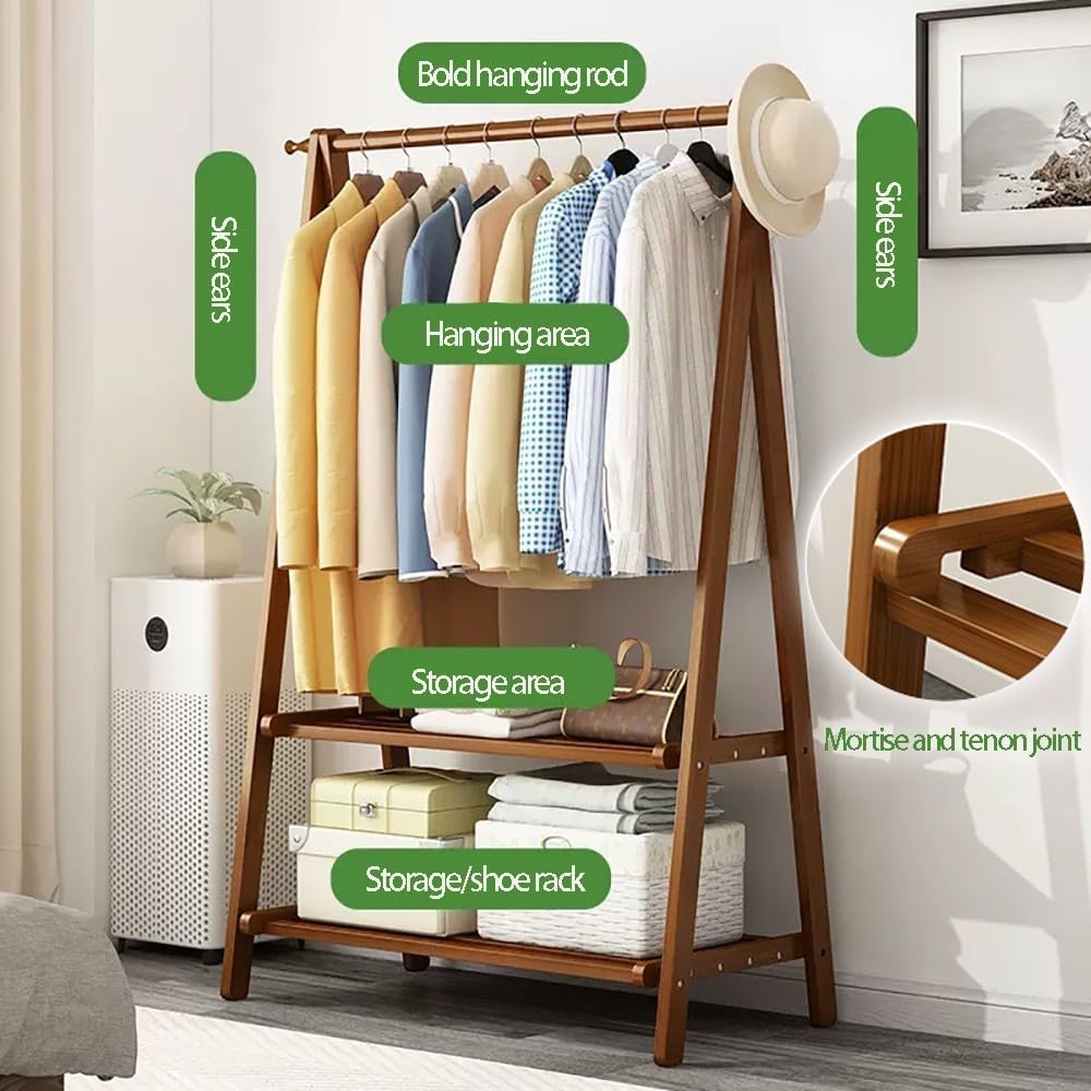 Floor-Standing Solid Wood Rotating Coat Rack，Double Layer Bamboo Clothes Rack, 160cm Hanging Rail, Lightweight Foldable Garment Stand, Versatile Coat Organizer for Bedroom, Space-Saving Stor