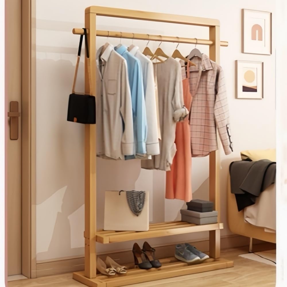 Bamboo Clothes Rack for Hanging Clothes, Freestanding Garment Rack with Double Shelves, Floor-Standing Clothing Organizer for Bedroom or Closet Storage(Brown,85cm-33.5in)
