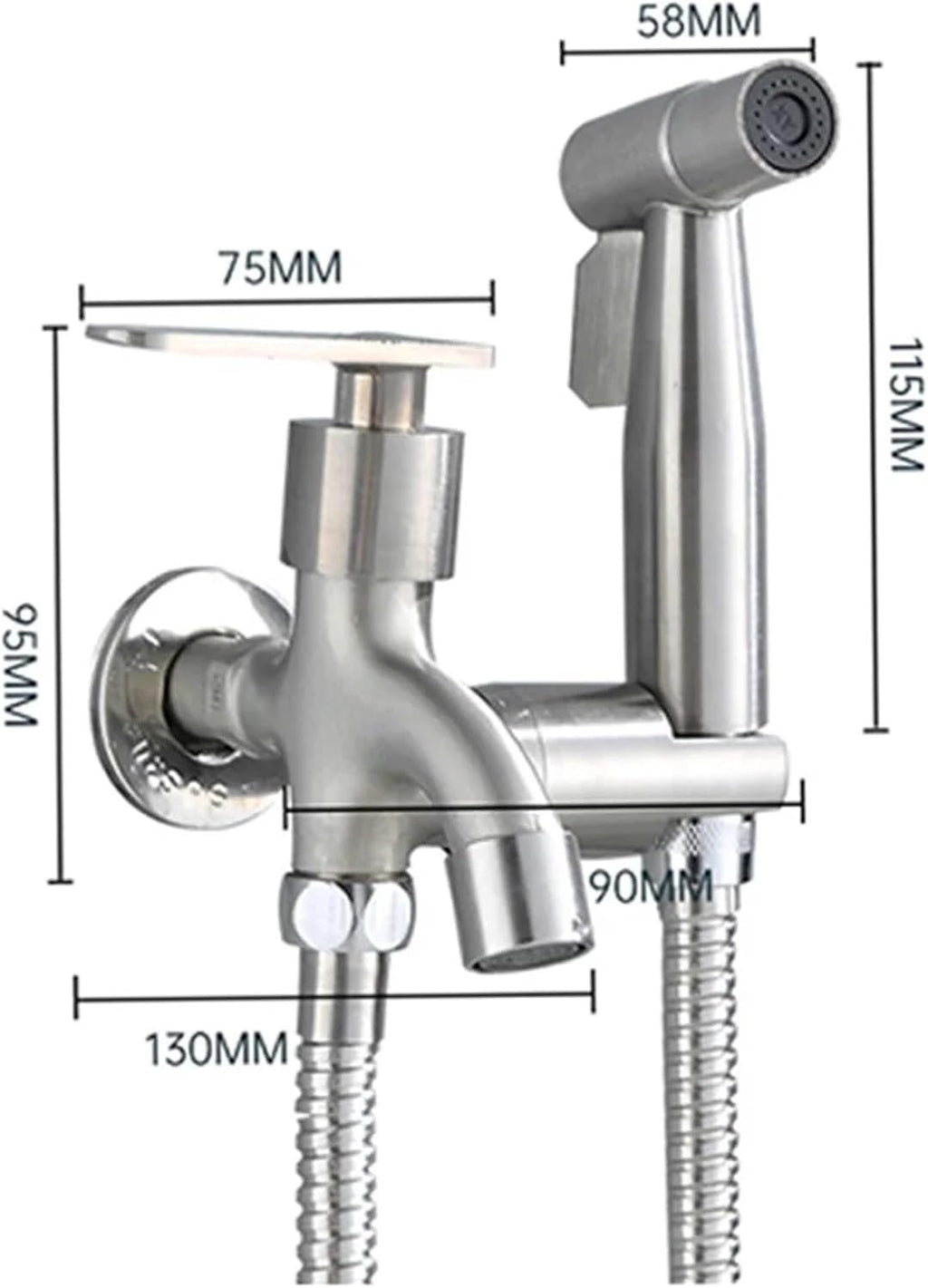Bathroom Stainless Steel Faucet Toilet Cleaning Kit Pipe Sprayer Household Double Tap Accessories-Silver