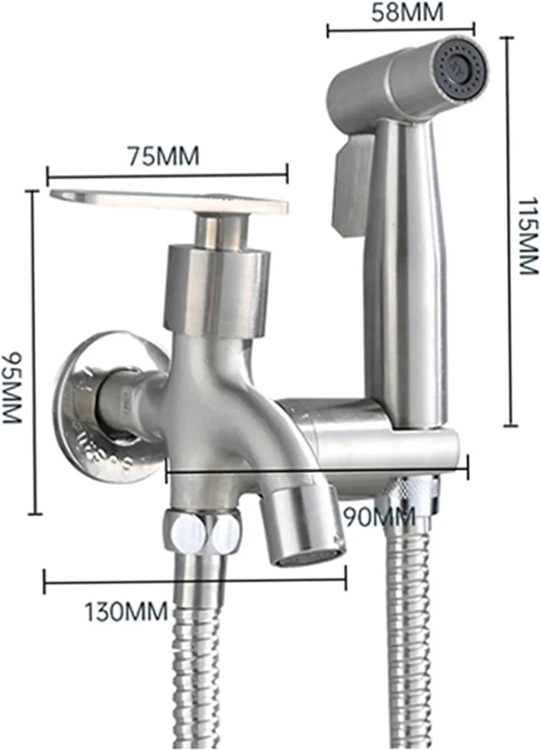 Bathroom Stainless Steel Faucet Toilet Cleaning Kit Pipe Sprayer Household Double Tap Accessories-Silver