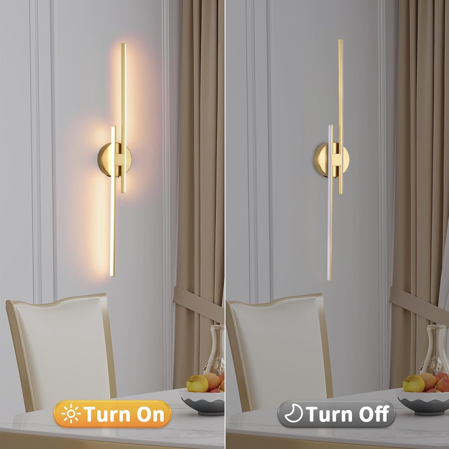 Battery Operated Wall Sconce Set of 2,Gold 31.4' 3000K-6500K LED Dimmable Wall Sconces with Remote Control,Wireless Wall Light USB Rechargeable for Bedroom Hallway Living Room Background Wall Lighting