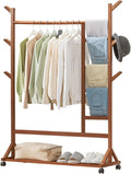Bamboo Clothing Garment Rack on Wheels Rolling Clothes Organizer w/6 Hooks Multifunctional Bedroom Hanging Rack for Hanging Clothes Hats Pants
