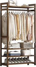 Bamboo Clothes Rack with Hanging Rail Storage Shelves and Compartments Portable Freestanding Garment Hanger for Bedroom and Entryway