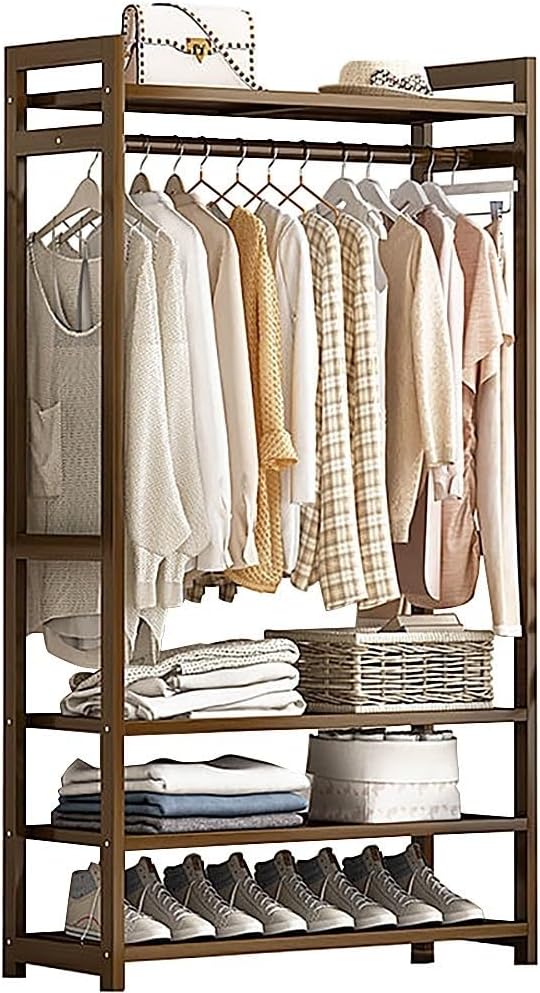 Bamboo Clothes Rack with Hanging Rail Storage Shelves and Compartments Portable Freestanding Garment Hanger for Bedroom and Entryway