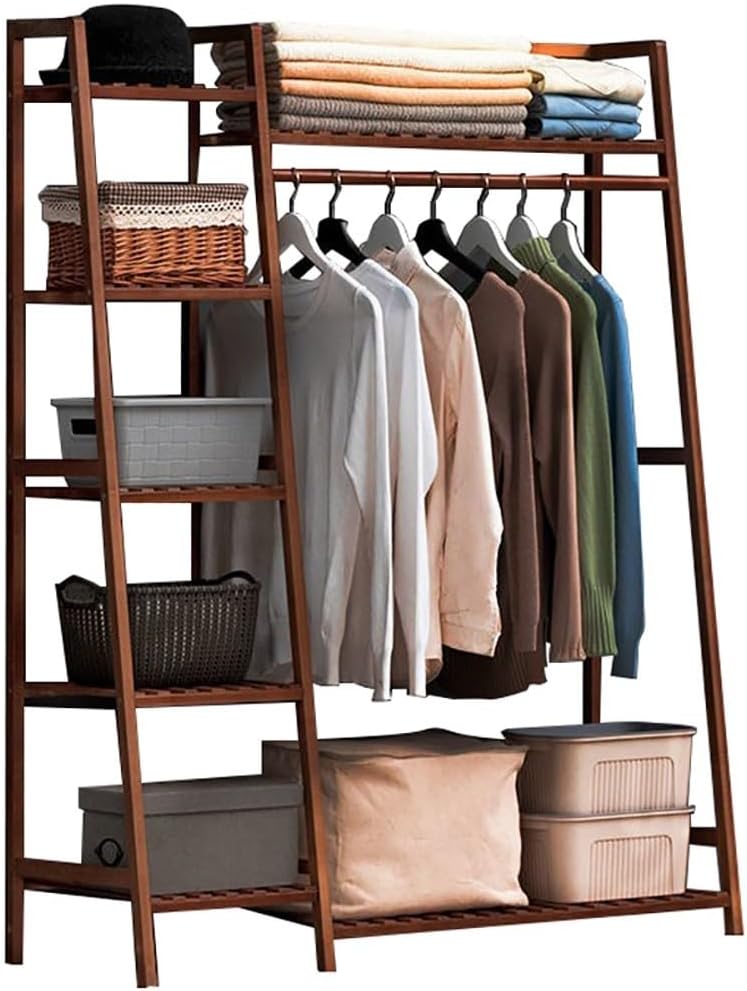 Floor-Standing Solid Wood Rotating Coat Rack，Bamboo Open Wardrobe with Shelves, Versatile Garment Rack & Hanging Rail, Stylish Coat Stand for Clothes, Towels, Shoes, Box Storage - Perfect fo