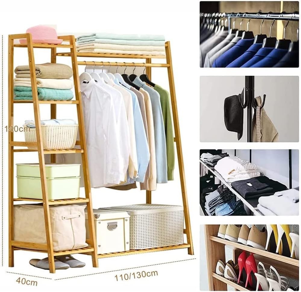 Free-Standing Closet Organizer Heavy Duty Clothes Storage Garment Rack Bamboo Clothing Rack with Shelves and Hanging Rod for Bedroom Capacity 300lb (Color : Wood, Size : 11040140cm)