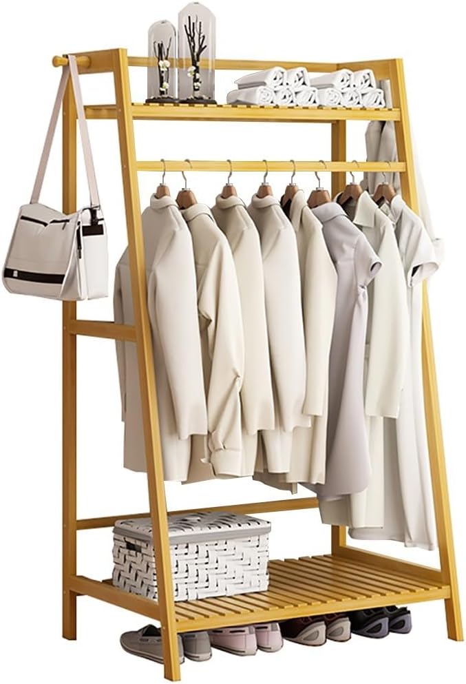 Floor-Standing Solid Wood Rotating Coat Rack，Bamboo Coat Rack Stand - Freestanding Garment Organizer with Hanging Rod, Trapezoid Structure for Bedroom & Hallway Storage Solutions