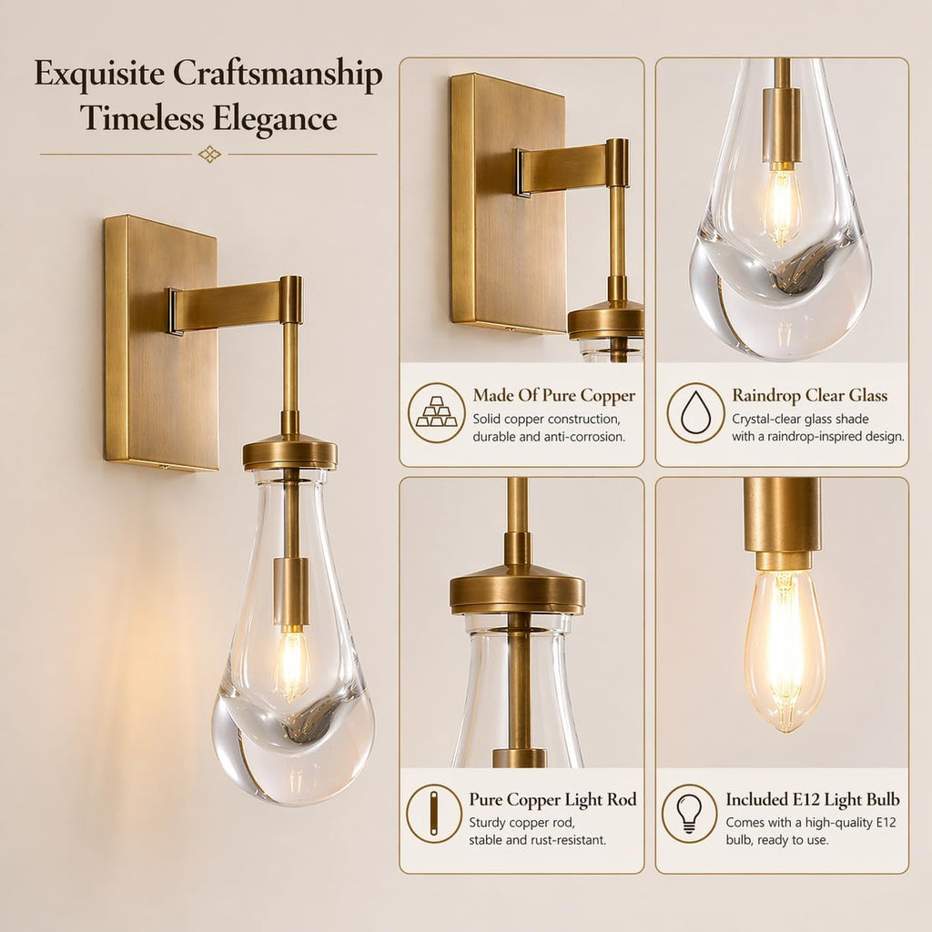 Raindrop Brass Wall Sconces Set of 2, Teardrop Glass Brushed Gold Dimmable Wall Lights with E12 Bulbs Included, Hardwired Bathroom Vanity Light for Bedroom, Living Room, Hallway, Stairway, Foyer, Home