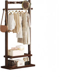 Bamboo Garment Rack with Double Shelves, Freestanding Clothes Hanging Stand for Bedroom, Heavy Duty Open Wardrobe with Side Hooks and Top Rod for Coats Dresses(Walnut,W/o wheels,32.7in)